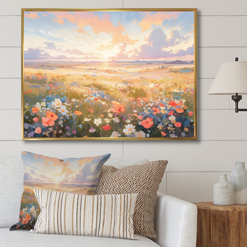 Corail, prairie à fleurs sauvages beige, H 12 po x l 20 po x P 1 po, Cadre flottant doré