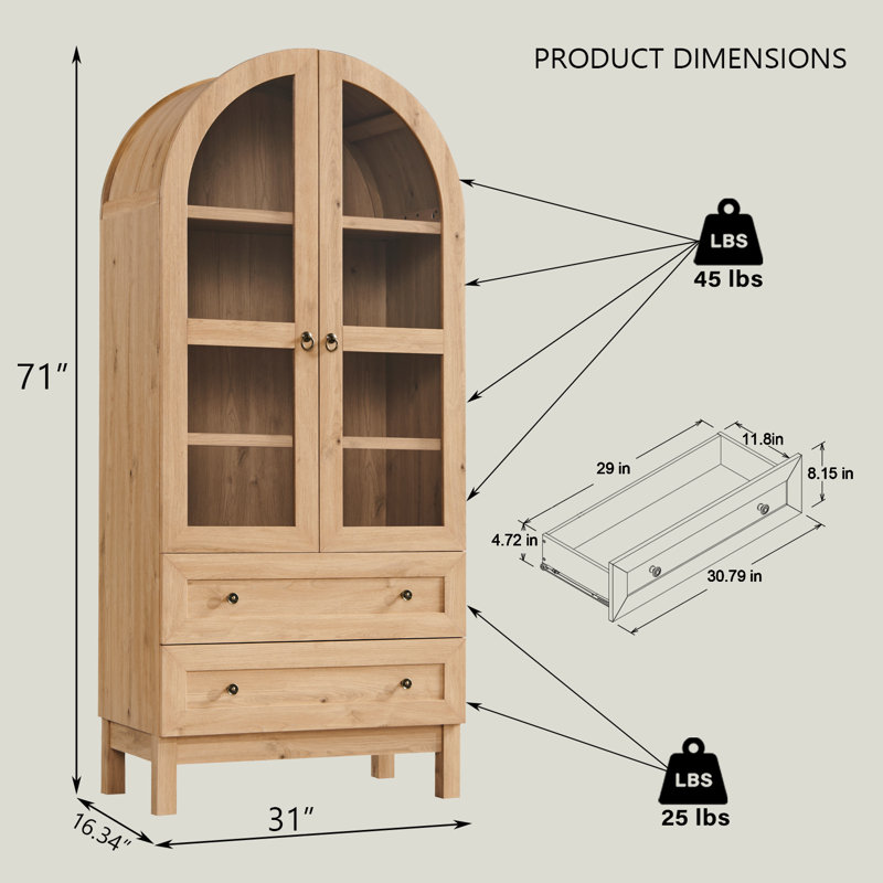  Armoire de rangement 71 po pour salle de bain moderne, arquée, avec 4 tablettes et 2 tiroirs, Naturel