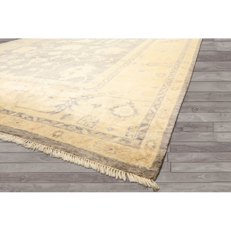 Tapis gris ivoire en laine noué à la main 9 pi 1 po x 11 pi 10 po Oushak