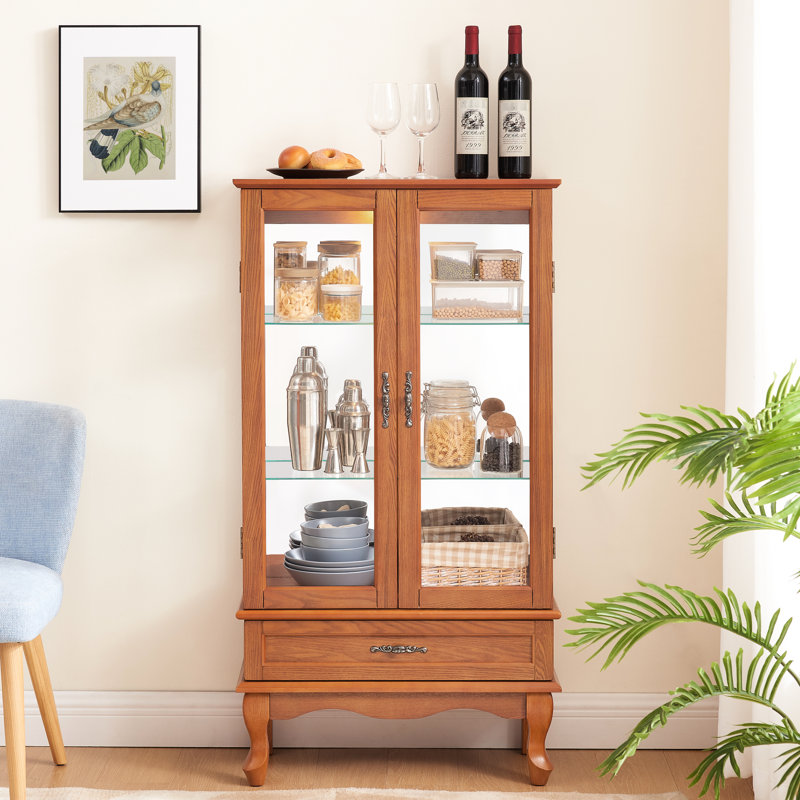 Classic Lighted Cabinet With Adjustable Shelves, 2 Doors And 1 Drawer - Oak Look Mesmerizing Wine Display Unit Doors, Drawer,
