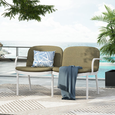 Banc d'extérieur en plastique avec coussin hydrofuge Roomfitter Luna, blanc moderne et vert