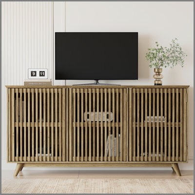Meuble télé en bois de pin massif 58,86 po sans nœuds, armoire de rangement moderne Mid-Century avec portes sans poignée et tablette réglable, centre de divertissement pour salon, chambre à coucher, cuisine, naturel