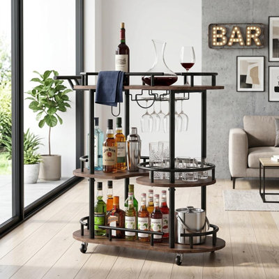 GarveeHome Mobile 3-Tier Serving Cart with Wine Rack and Glass Holder, Metal rolling cart with built-in wine & glass organizer, ideal for coffee station, mini bar, dining room