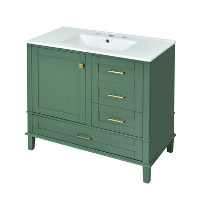 Meuble-lavabo moderne 36 po avec cadre en pin massif, 1 porte à fermeture douce et 3 tiroirs, armoire de rangement moderne