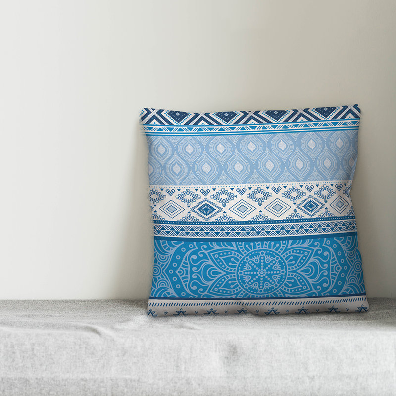  Coussin décoratif intérieur / extérieur Boho, 16 po x 1 po, Pas de bourre, Bleu clair / blanc cassé