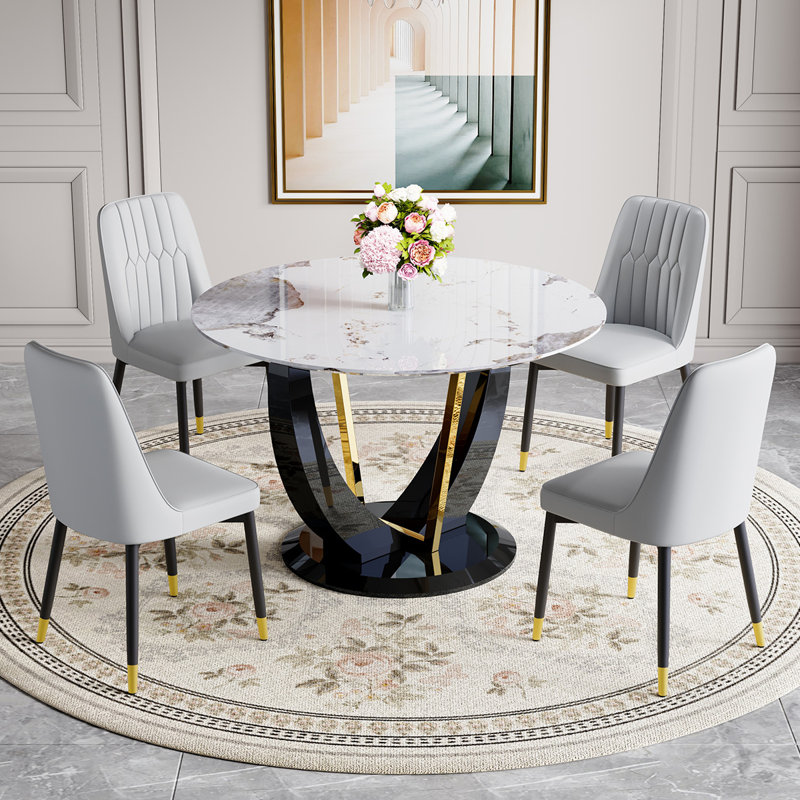 48" Modern Round Dining Table For 4-6 With Tempered Glass Tabletop, 5 Pieces: Table, 4 Chairs, Gray/Black