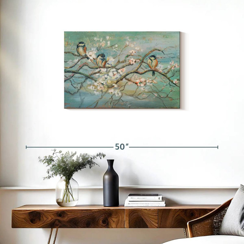 Branche de printemps avec oiseaux, H 20 po x l 30 po