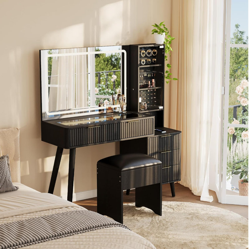 Meuble-lavabo cannelé de 48 pouces avec station de charge avec miroir éclairé, Noir