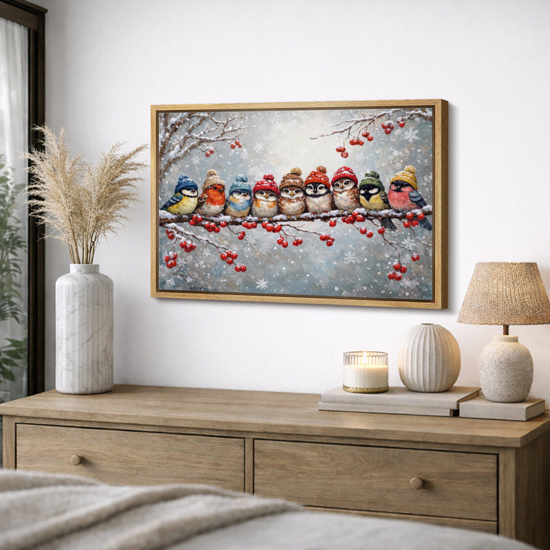 «Winter Birds», œuvre d'art, branche enneigée, impression sur toile, H 24 po x l 36 po x P 1,5 po, Cadre naturel