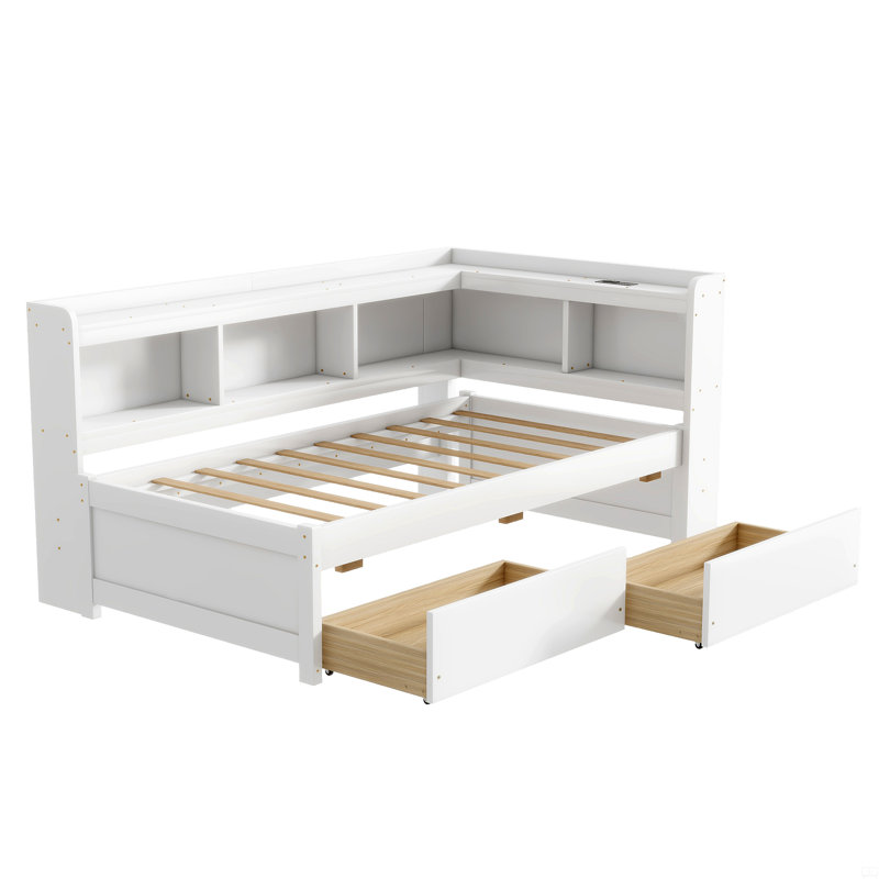Lit simple en forme de L avec bibliothèques avec prises de courant, ports de chargement USB, deux tiroirs, Blanc