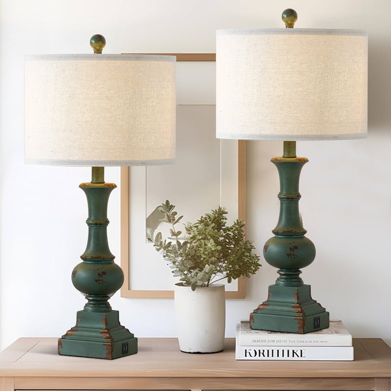 Garytt 25.5" Farmhouse Bedside Table Lamp Set with USB Ports, Bulbs