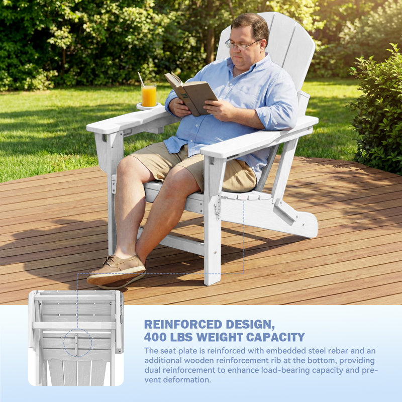 Set of 4 Adjustable Adirondack Chairs, 3-Level Wooden Textured HDPE Folding Chairs with Cup Holders for Outdoor Use at Beach, Patio, Garden, Backyard, and Campfire, White