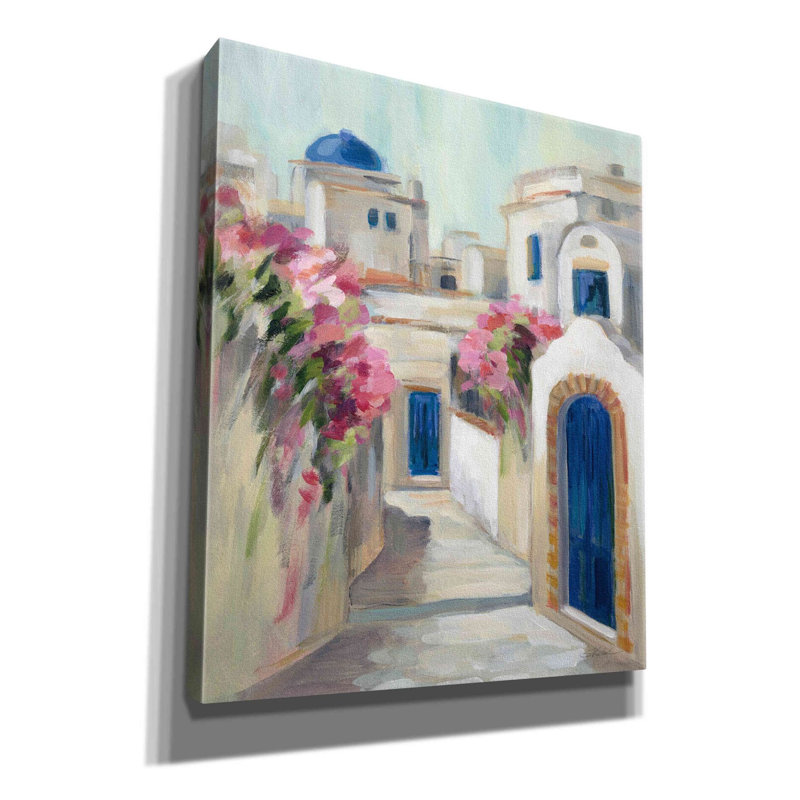 «Santorini Street I» par Silvia Vassileva, art mural sur toile, H 24 po x l 20 po x P 0,75 po