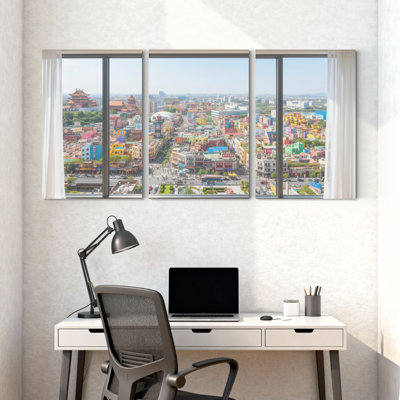 Scenic &Cityscapes Cityscape View From Modern Window Set of 3 Canvas Wall Art Prints