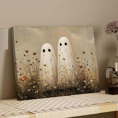 Halloween Canvas Wall Art Cute Ghost Poster Print Autumn Wildflowers Picture Vintage Aesthetic Wall Decor For Bedroom Living Room And Bathroom Framed