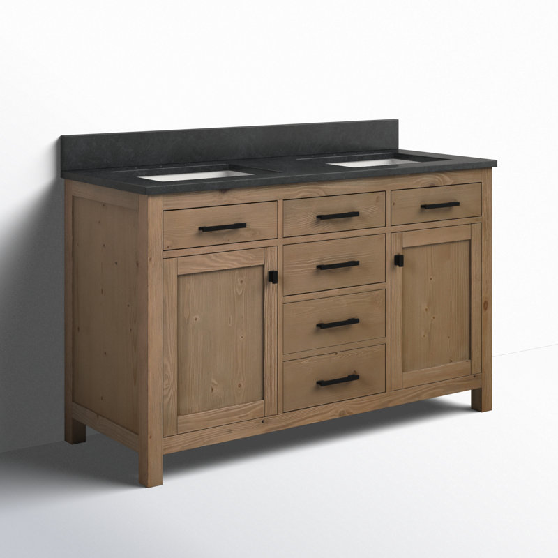 Meuble-lavabo double 60 po Ajiya, Calcaire bleu, Naturel texturé / noir mat