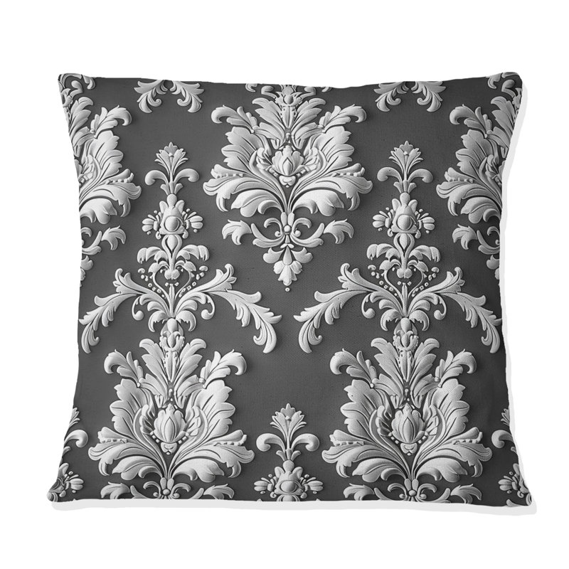 Coussin décoratif gris à motif damassé gris V, H 16 po x l 16 po