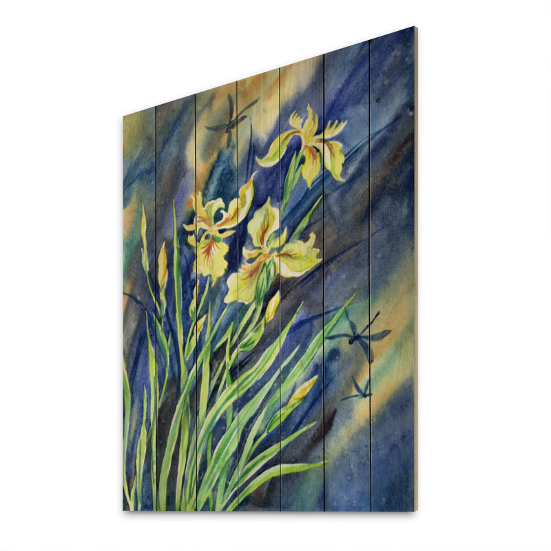 Abstrait, iris et libellules jaunes - peinture sur bois sans cadre, H 12 po x l 8 po x P 1 po