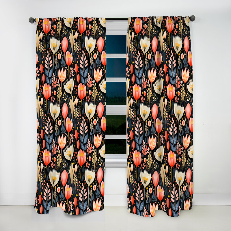 Feuilles multicolores botaniques sur motif noir I - Rideau bohémien - Velours obscurcissant - 1 panneau, L 52 po x L 120 po