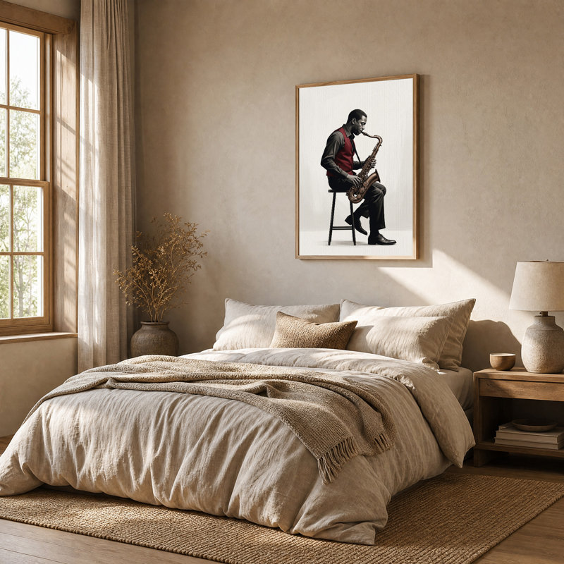 Tableau sur toile représentant un saxophoniste assis sur un tabouret en gilet rouge, H 36 po x l 24 po