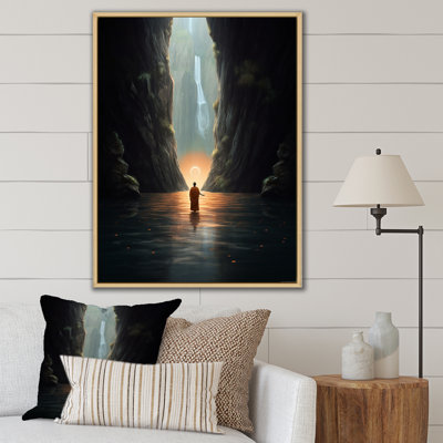 «Buddhist Monk Meditating In Cave Lake», reproduction sur toile