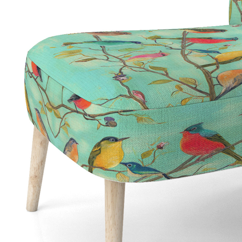 Multi-Color Bird On Tree - Upholstered Farmhouse Accent Side Chair, Green Polyester Blend
