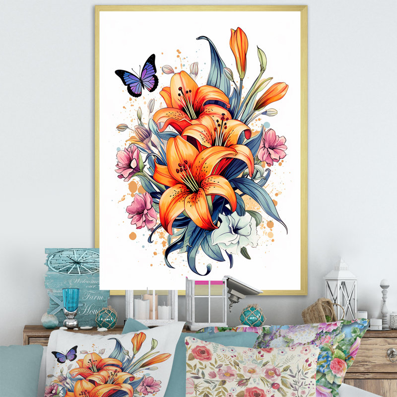 «Whimsical Butterfly and Colorful Lilies», reproduction sur toile, Cadre doré simple, H 32 po x l 16 po x P 1 po