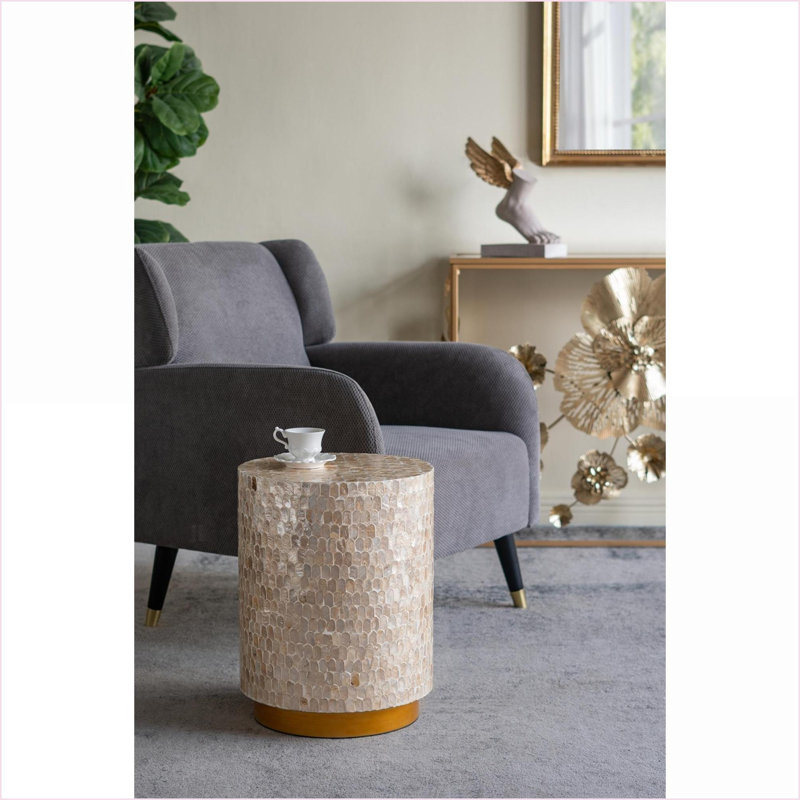 Tabouret d'appoint, finition cylindrique dorée et noire de 14 po x 14 po x 18 po pour le vestibule de salon | Or | Panneau de fibres à densité moyenne; Capiz