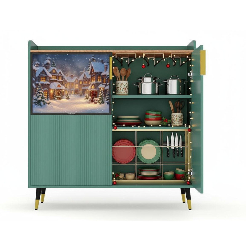 Modern Wine Bar Cabinet for Wine Rack and Glasses, Coffee Bar & Liquor Cabinet, Sideboard Buffet Cabinet with Storage & Decorative Fluted Doors for Home Dining Room, Living Room
