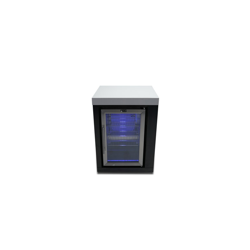 Module de réfrigérateur d'extérieur noir en acier inoxydable 80 po et 400 avec comptoirs et côtés en granite blanc Mont Alpi l 25 po x P 23 po x H 35 po + réfrigérateur à porte vitrée de 2,7 pieds cubes avec porte verrouillable + thermostat + 3 supports réglables + éclairage ambiant bleu