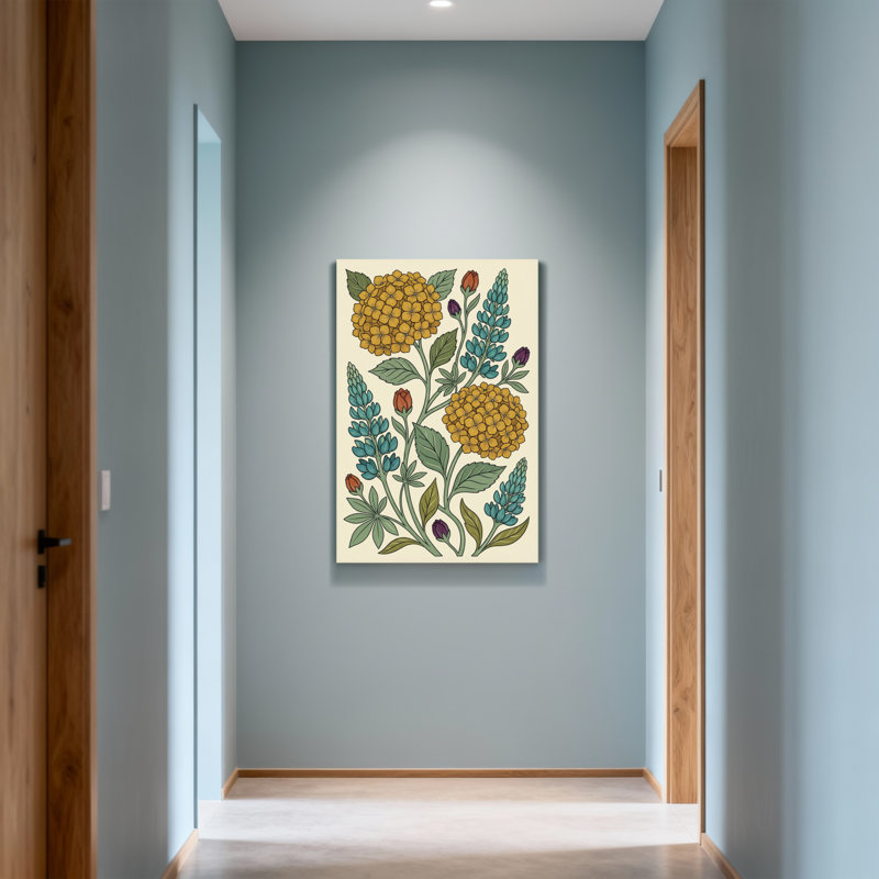 Plantes et fleurs avec motif floral jaune et bleu, H 40 po x l 28 po