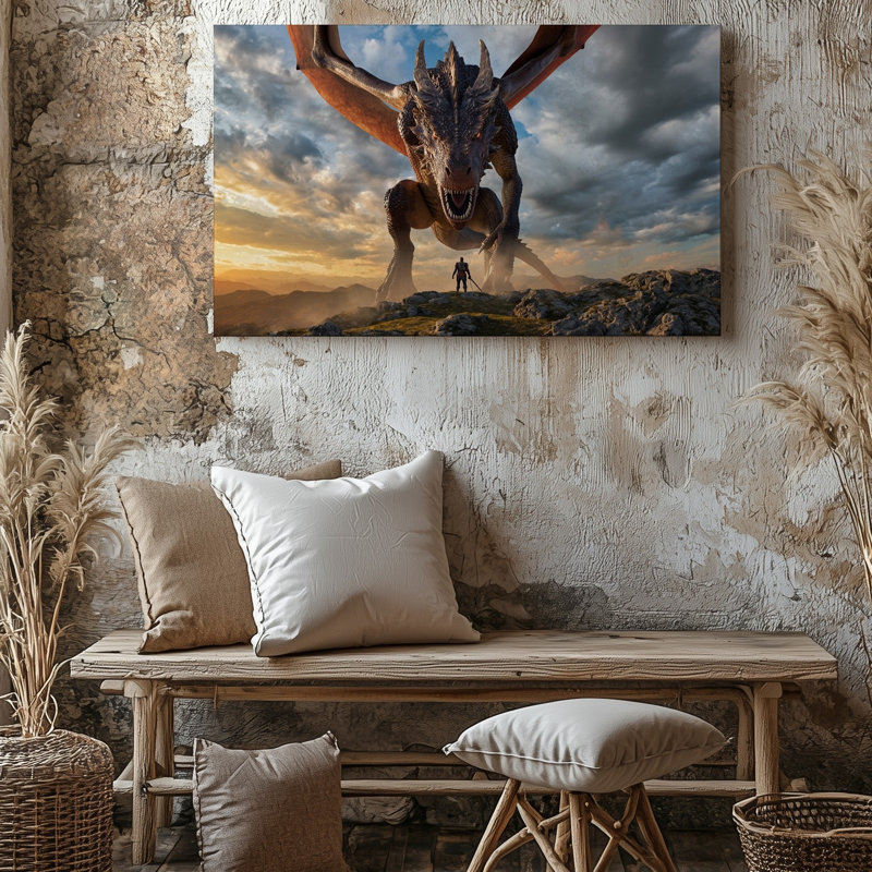Toile, "Un dragon redoutable se profilant dans le ciel et ses échelles", art mural chatoyant dans des tons de bronze foncé et d'or