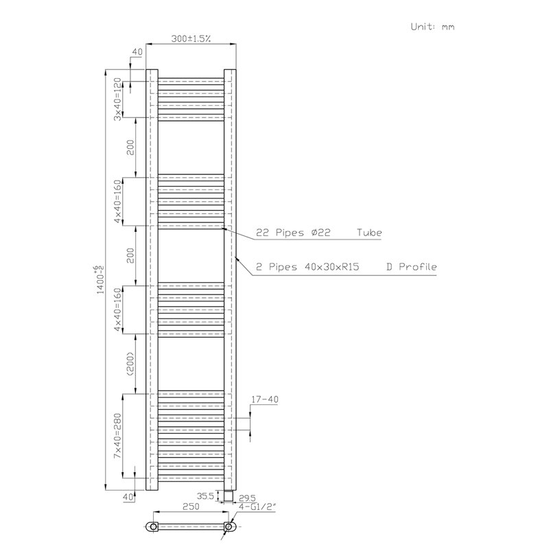 Straight Towel Rail Heated Towel Rails, 140 cm H x 30 cm W x 3 cm D, Anthracite