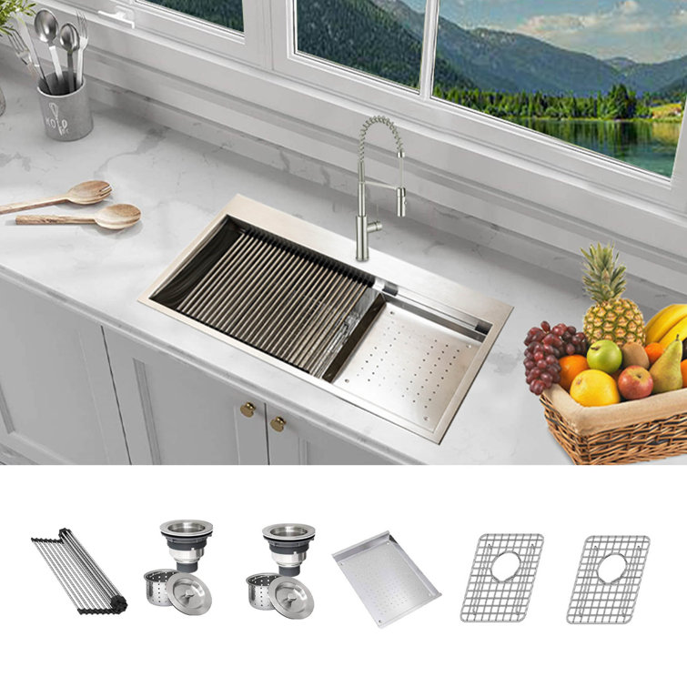 KBFmore 38 Inch Workstation Kitchen Sink with Sink Grid, Strainer Kit,  Colander and Rolling Up Grid