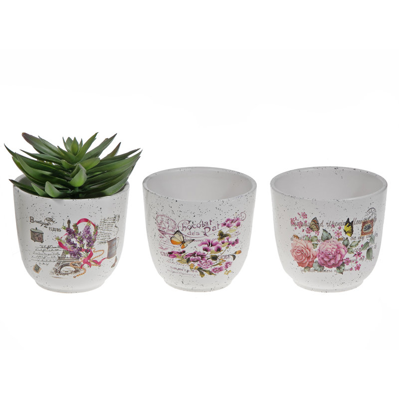 Pot de fleurs rond en céramique (floral) (6 / disp) - ensemble de 3