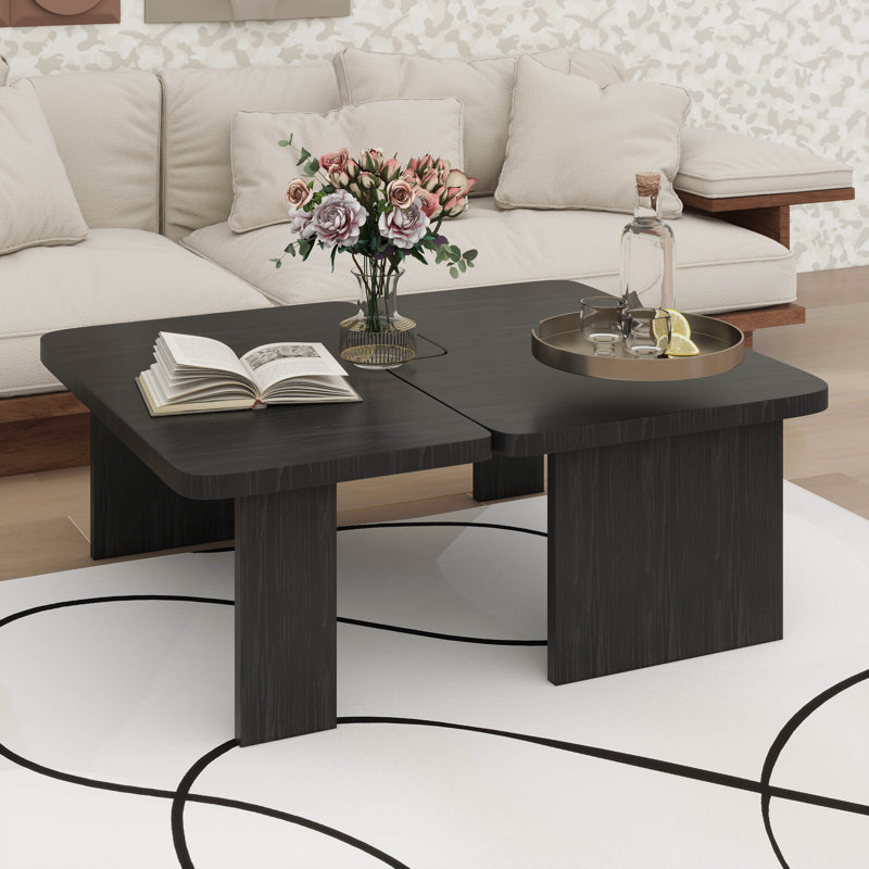 Modern Minimalist Coffee Table Set, Rectangle Coffee Table With Splicing Design, Black
