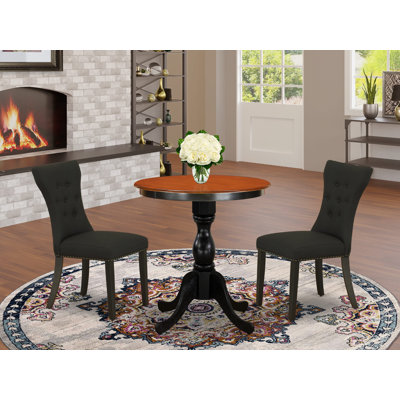 Ensemble de table de cuisine 3 pièces pour petits espaces comprenant une table de salle à manger ronde avec piédestal et 2 chaises rembourrées en tissu noir, 30 po x 30 po, noir et cerisier
