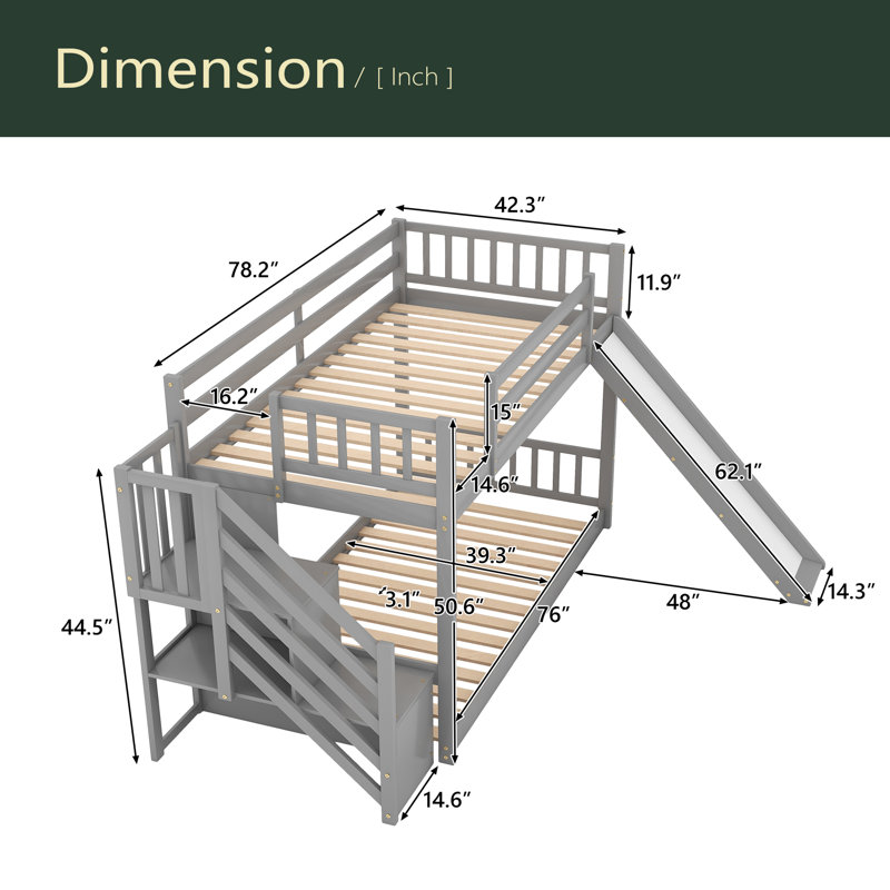 Lit superposé simple au-dessus de simple avec glissière convertible et escalier, Gris