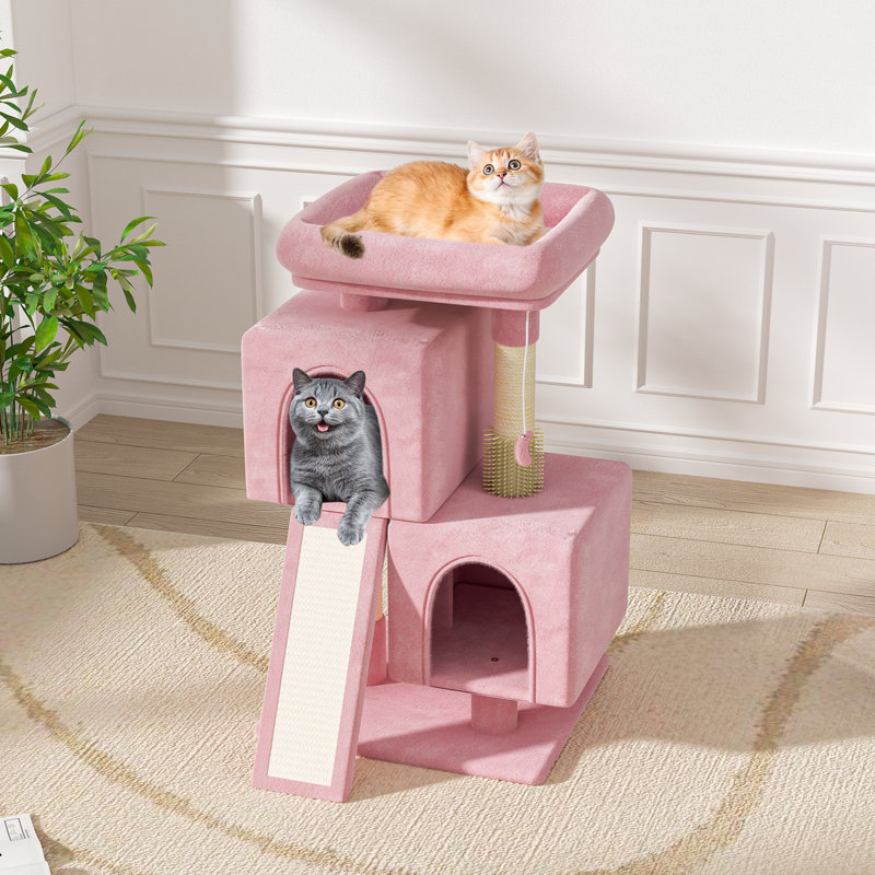 34" Compact Cat Tree With Ramp, Dangling Ball, And Perch, Ideal For Small Spaces And Indoor Cats, Pink