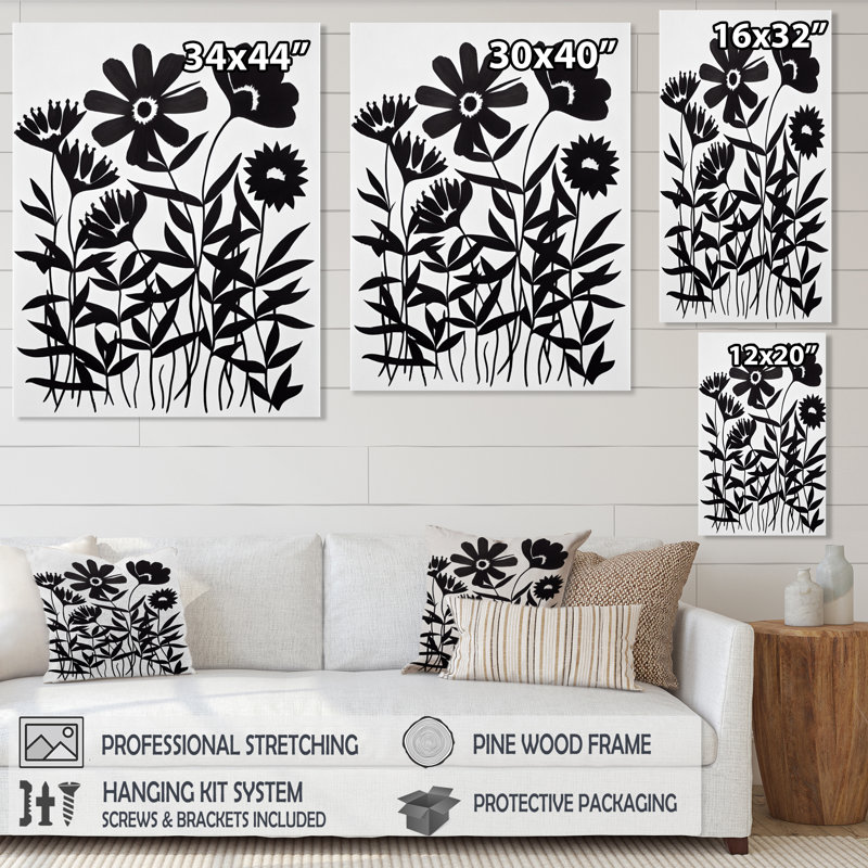 Fleurs noires et blanches IV, H 44 po x l 34 po x P 1,5 po, Toile tendue