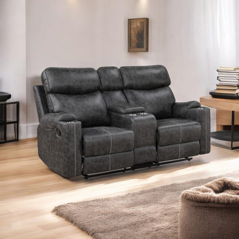 Causeuse inclinable manuelle en microfibre Hirah avec fonction porte-gobelet et port USB intégré