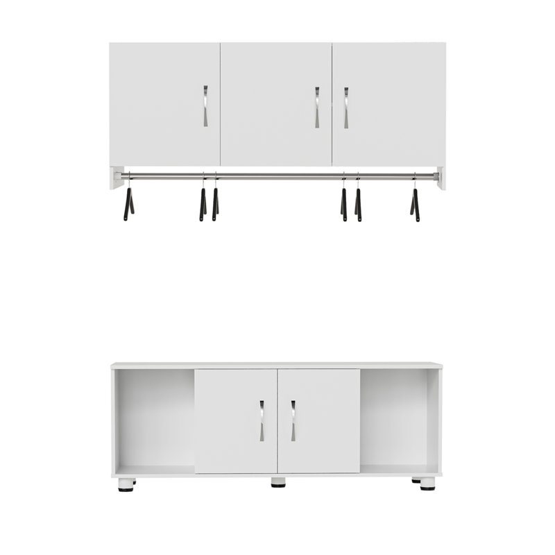 2-Piece Mudroom Storage Set With 3-Door Wall Cabinet, Hanging Rod, And 2-Door Storage Bench With Open Cubbies, White
