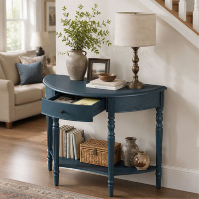 Console demi-lune de style ferme avec tiroir et tablette, table d'appoint incurvée pour entrée et hall.