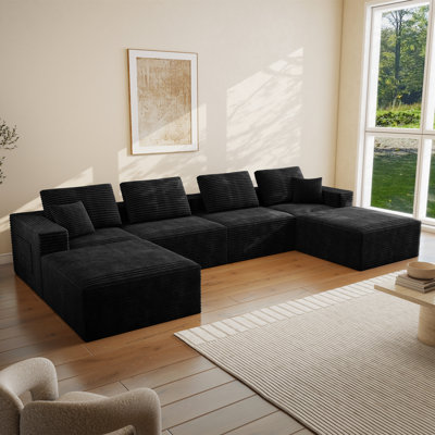 Canapé modulaire à compression en forme de U 141,7 po avec méridienne en velours côtelé noir Abdou