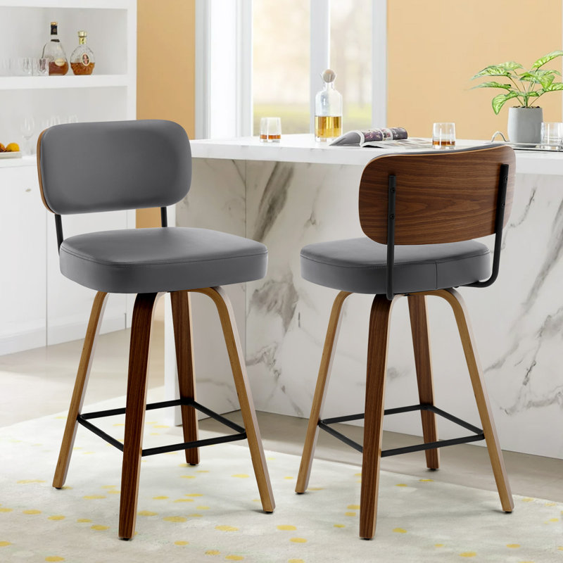 Swivel Bar Stools & Counter Stools Walnut Bentwood & Faux Leather, 2, Grey