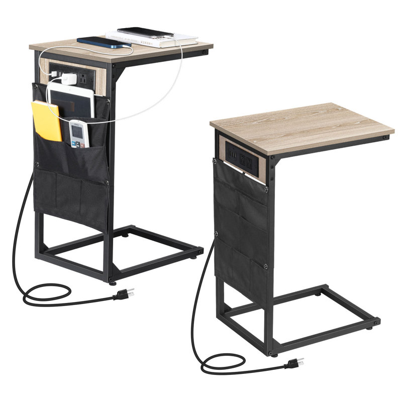 Table de bout en C avec station de charge et sacs de rangement, ensemble de 2 tables d'appoint peu encombrantes pour le salon, la chambre à coucher (chargement multi-appareils)