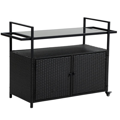 360 Rotatable Outdoor Wine Cart - Black, With Glass Tabletop For Garden, Yard, Poolside Occasions Rolling Bar Beverage Serving Backyard, Poolside, Garden Gatherings