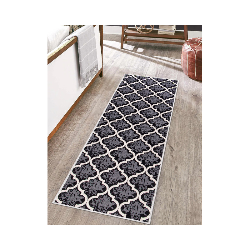 Soana Geometric Non-Skid Kitchen Mat, Trellis Black