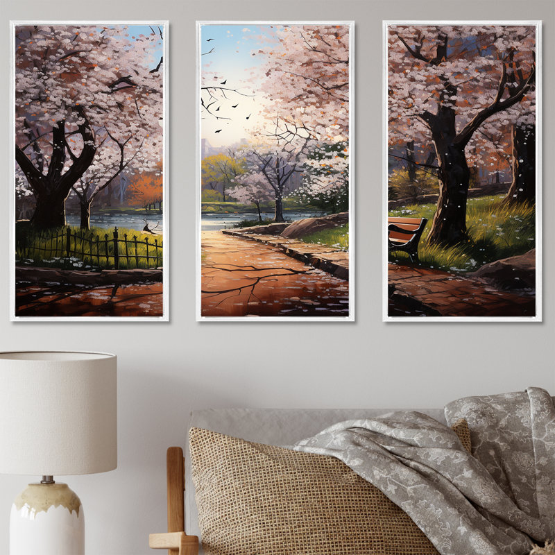 «Pink Springtime Park Floral Canopy I», art mural sur toile, H 28 po x l 36 po x P 1 po, Cadre flottant blanc