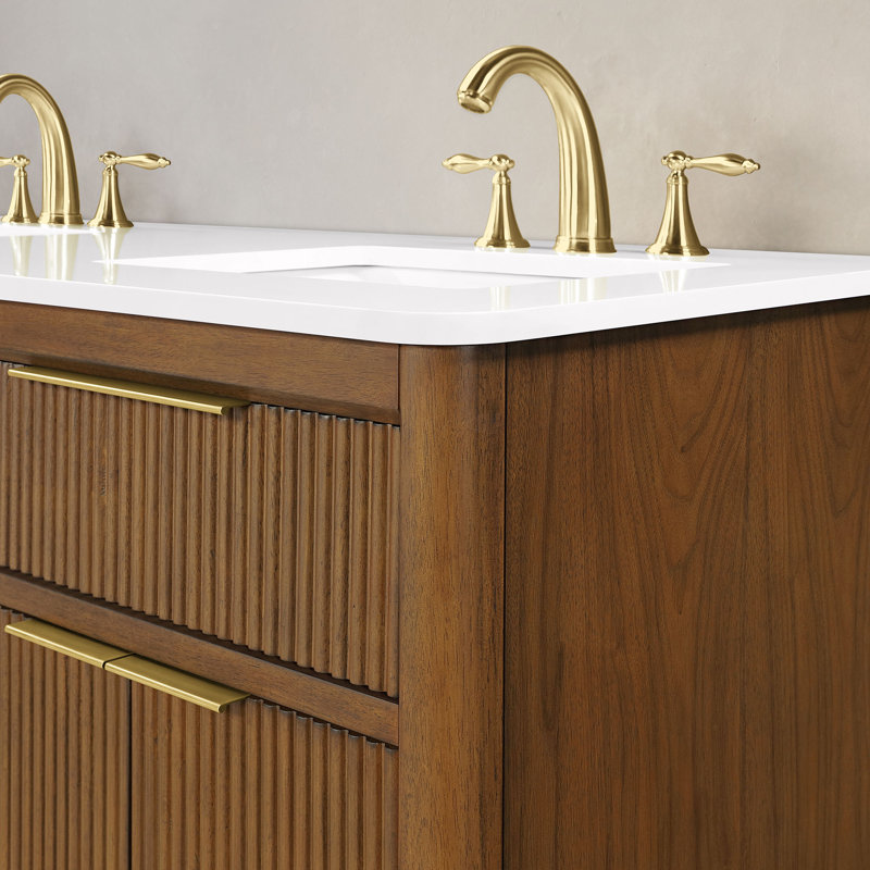 OVE Decors Xander Meuble-lavabo double autoportant en noyer chaud avec plateau en pierre blanche